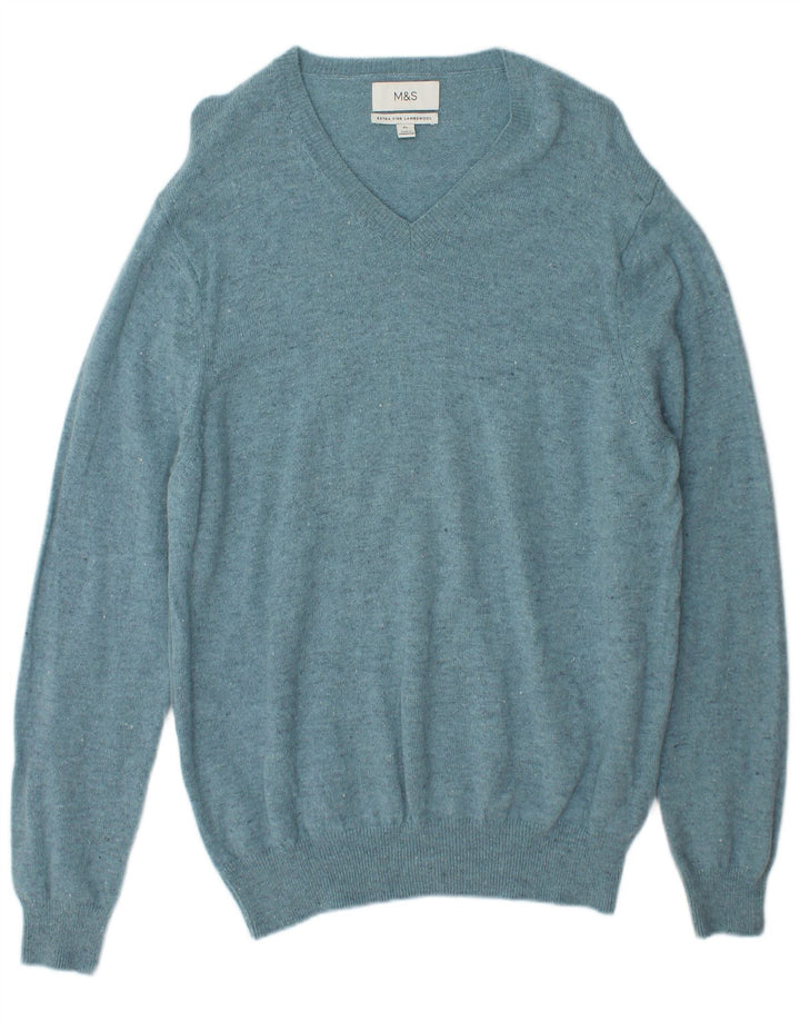 Marks & Spencer Herren-Pullover mit V-Ausschnitt, XL, blau gefleckte Lammwolle