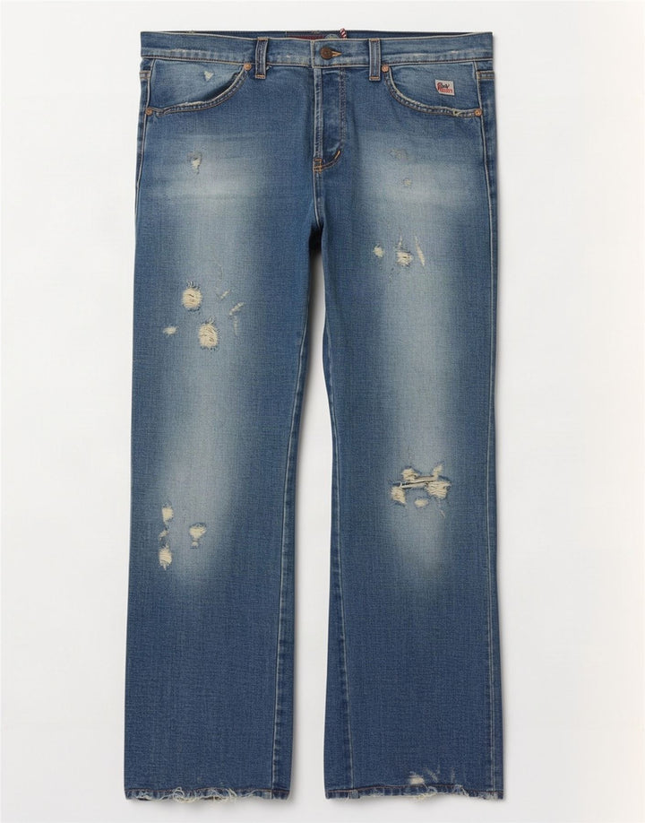 Roy Rogers Damen Distressed Bootcut Jeans W34 L32 Blaue Baumwolle