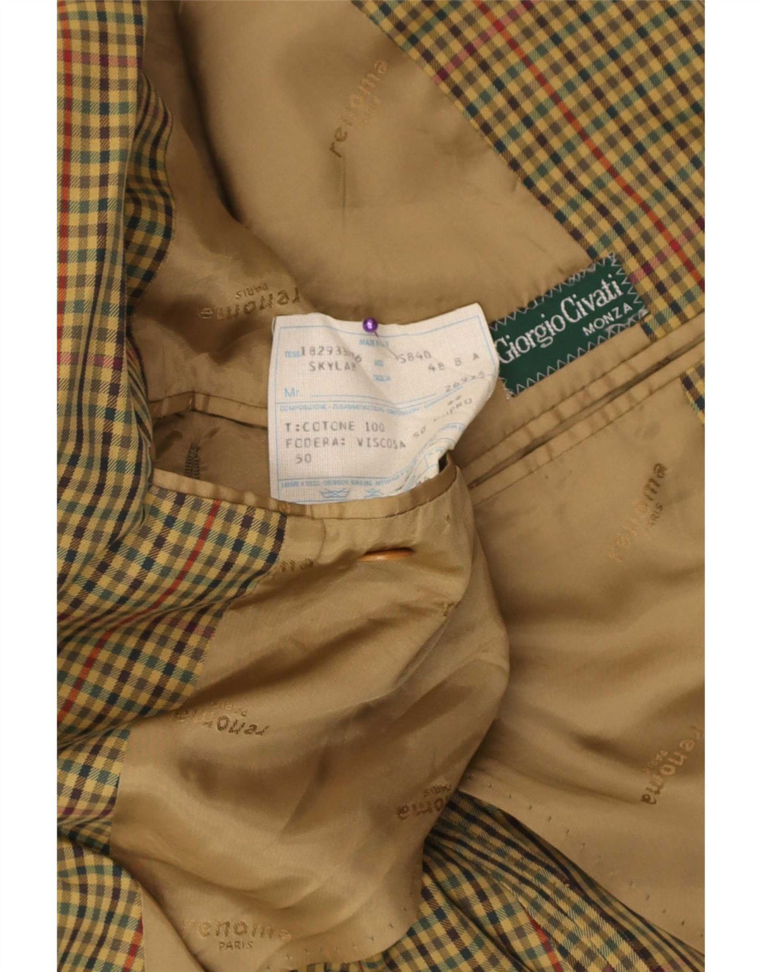 Monza Herren-Blazer mit 2 Knöpfen, Größe IT 48, mittelkhakifarbene Gingham-Baumwolle