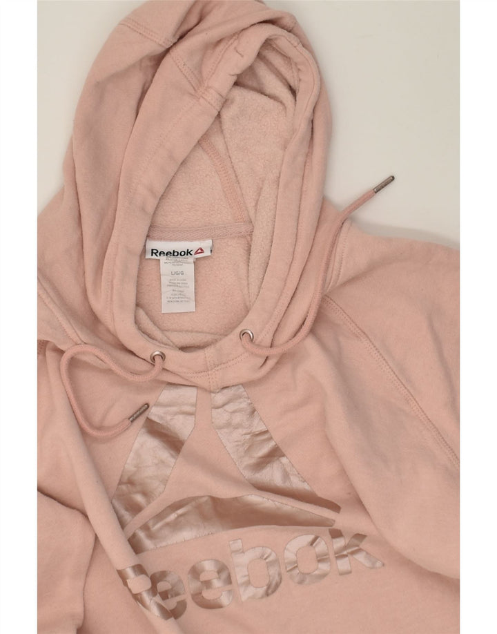 REEBOK Womens Oversized Graphic Hoodie Jumper UK 14 Large Beige Cotton | Vintage Reebok | Thrift | Second-Hand Reebok | Used Clothing | Messina Hembry 