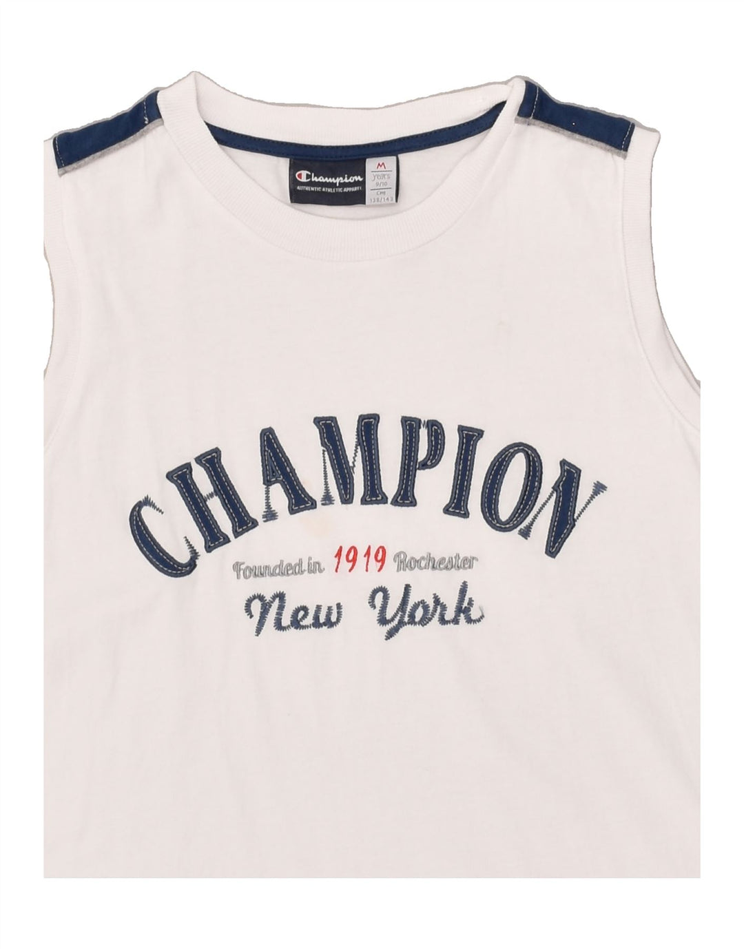 CHAMPION Boys Graphic Vest Top 9-10 Years Medium White | Vintage Champion | Thrift | Second-Hand Champion | Used Clothing | Messina Hembry 