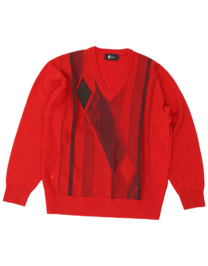 Gabicci Herren-Pullover mit V-Ausschnitt aus mittelroter, geometrischer Wolle