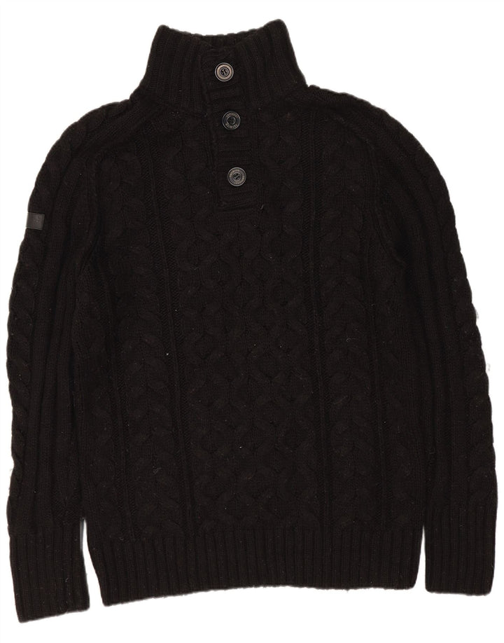 Superdry Herren-Pullover mit Knopfkragen, groß, aus schwarzem Acryl