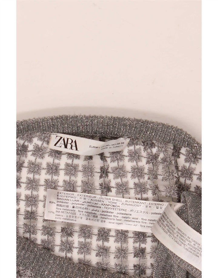 Zara Damen Crop See Through Bluse Top UK 14 Mittelgrau geblümt