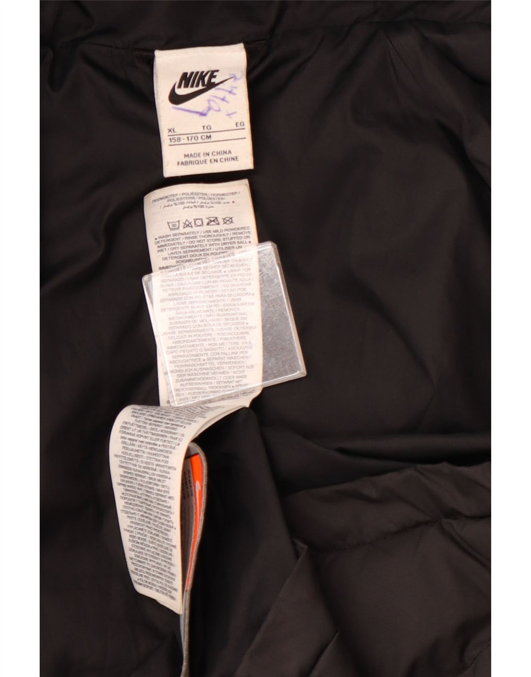 NIKE Wattierte Jungenjacke mit Kapuze, 13–14 Jahre, XL, schwarzes Colourblock-Polyester