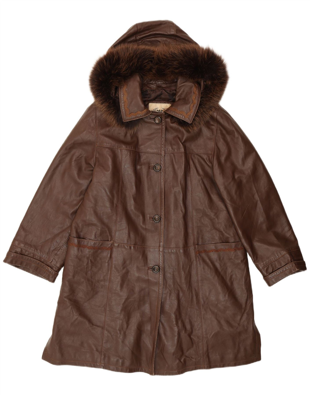 Vintage Damen-Ledermantel mit Kapuze, lockere Passform, IT 44, mittelbraunes Leder