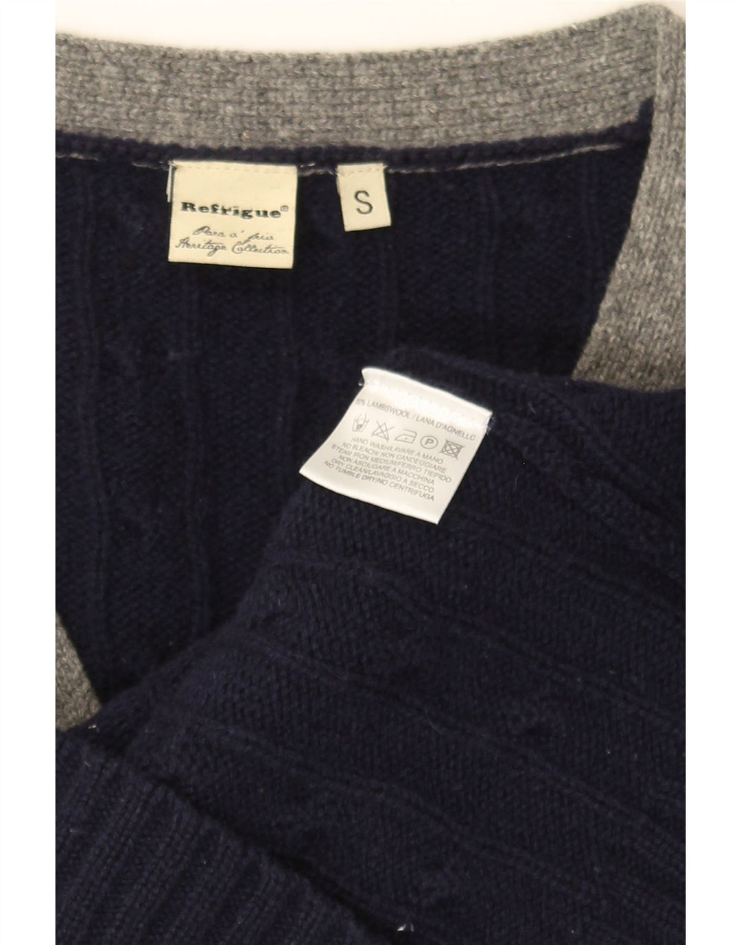 REFRIGUE Herren-Strickjacke, klein, marineblau, gestreifte Lammwolle