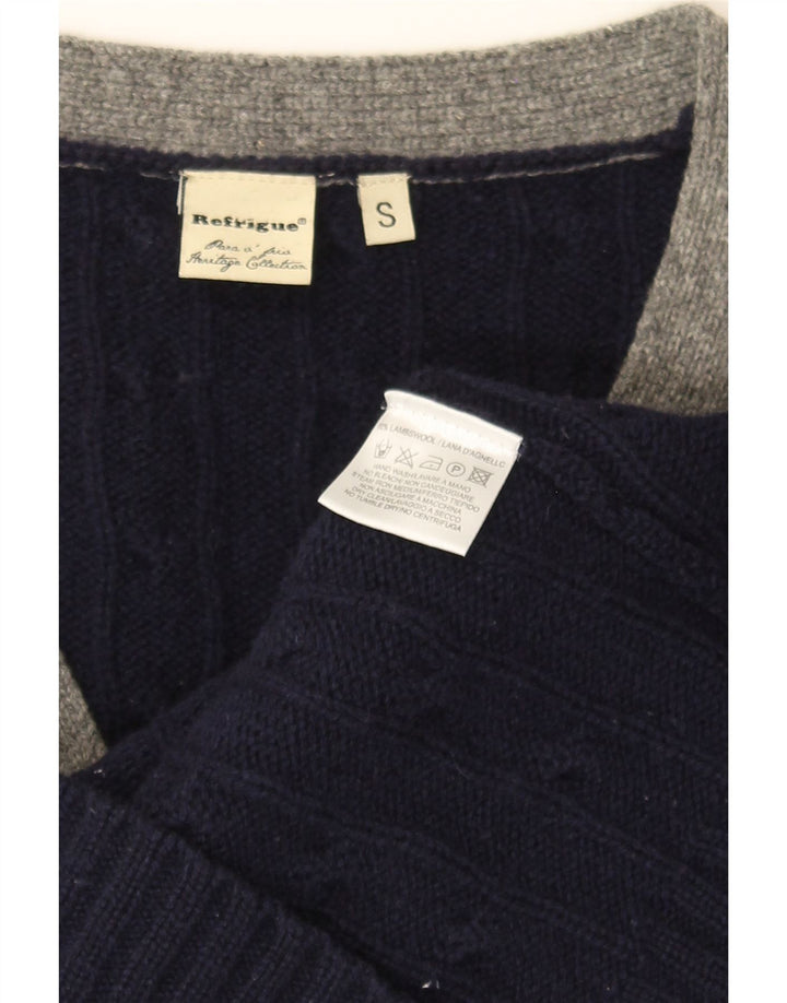 REFRIGUE Herren-Strickjacke, klein, marineblau, gestreifte Lammwolle