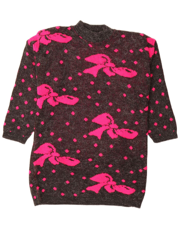 Vintage Damen Rollkragenpullover mit grafischem Rollkragen, Gr. 16, groß, grau gefleckt