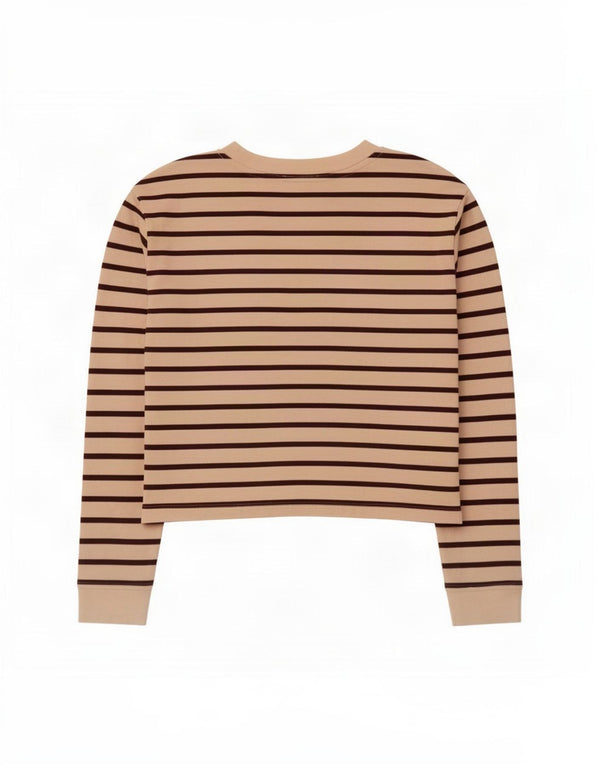Zara Damen Crop Top Langarm UK 14 Mittelbeige gestreift Baumwolle