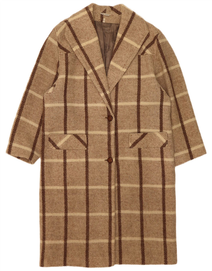 Vintage Damen Übergroßer Mantel UK 14 Mittelbeige karierte Wolle
