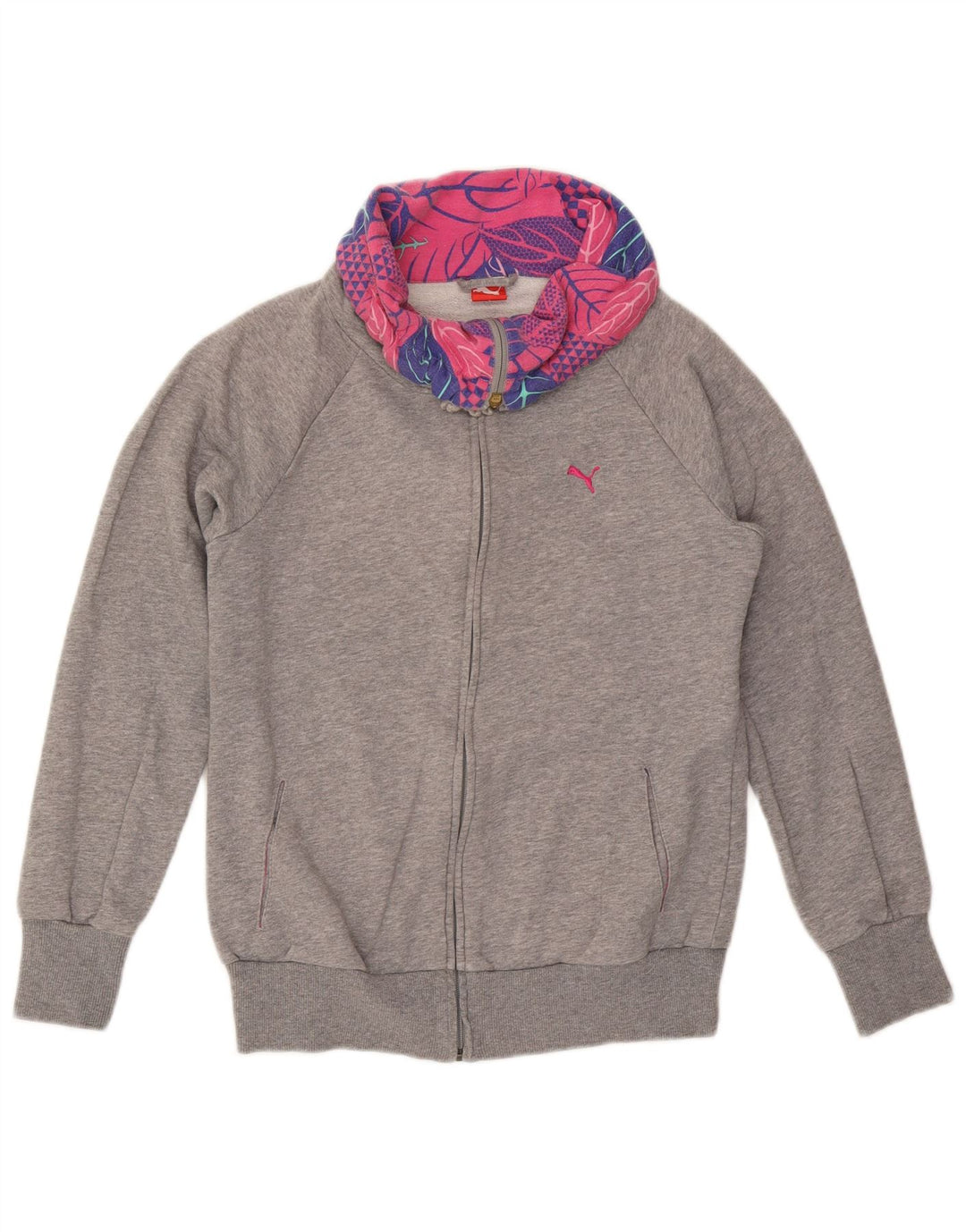 PUMA Damen-Trainingsanzug-Top-Jacke, UK 12, mittelgraue Baumwolle mit Blumenmuster