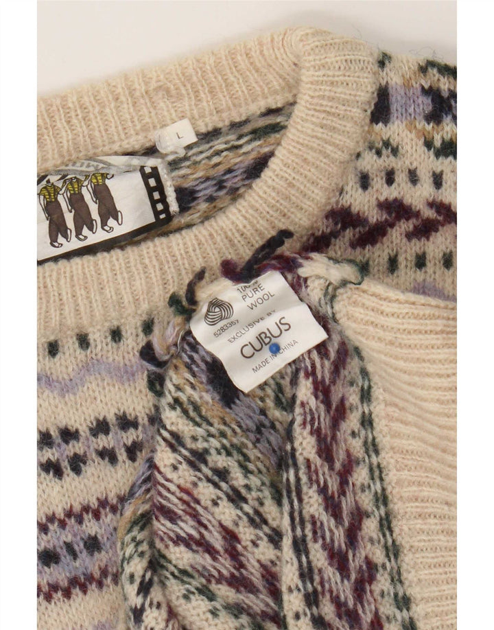 Cubus Herren-Pullover mit Rundhalsausschnitt, groß, Beige, Fair-Isle-Wolle
