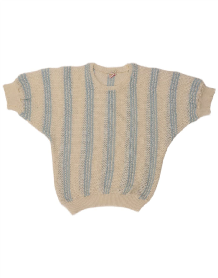 VINTAGE Damen-Pullover mit U-Boot-Ausschnitt, UK 12, Mittelweiß gestreift