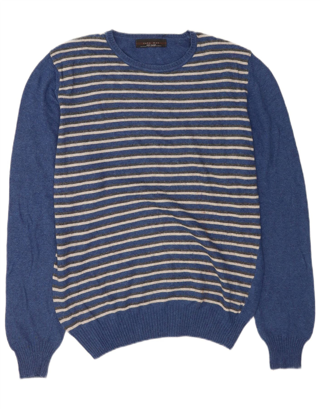 Zara Herren-Pullover mit Rundhalsausschnitt, mittelblau gestreift, Viskose