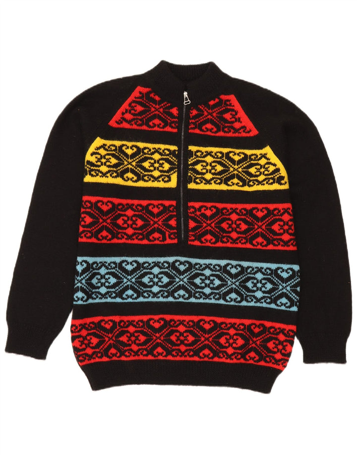 Vintage Herren-Pullover mit Reißverschluss, mittelgroß, Schwarz, Fair Isle