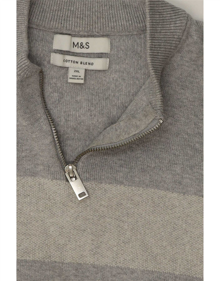 Marks & Spencer Herren-Pullover mit Reißverschluss am Hals, 2XL, grau gestreift, Baumwolle