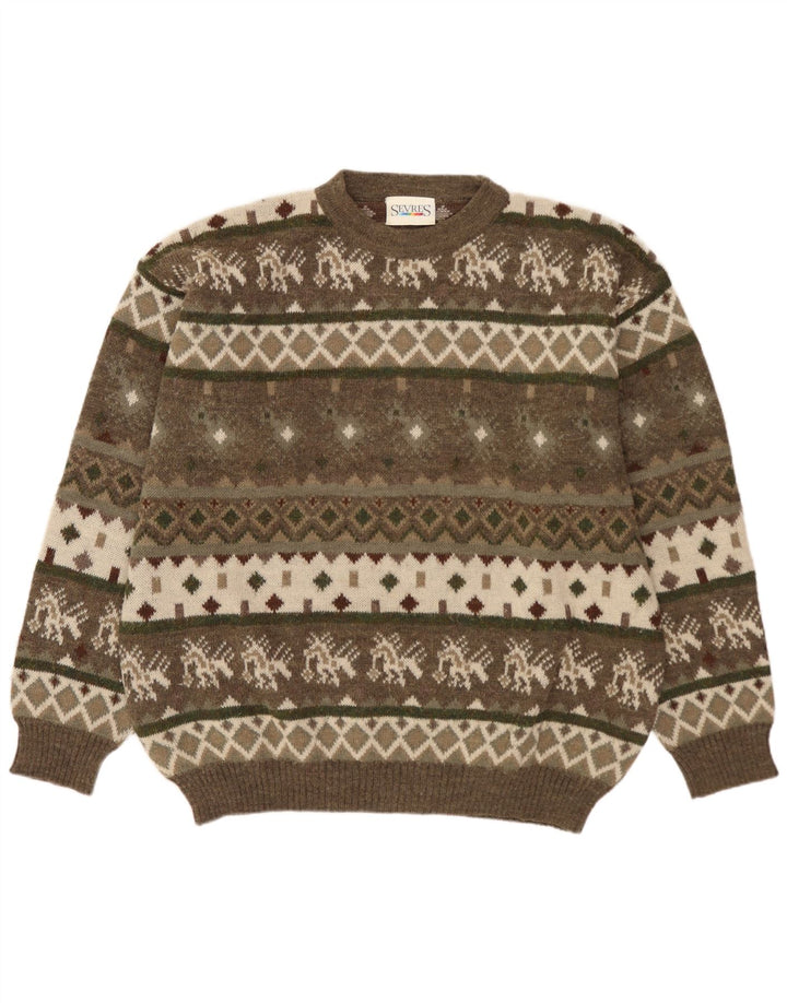 SEVRES Herren-Pullover mit Rundhalsausschnitt, IT 52, große Khaki-Fair-Isle-Wolle
