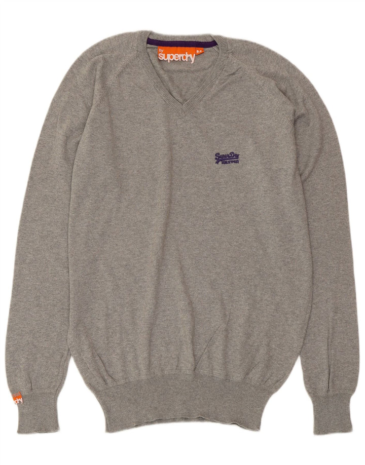 SUPERDRY Herren-Pullover mit V-Ausschnitt aus mittelgrauer Baumwolle