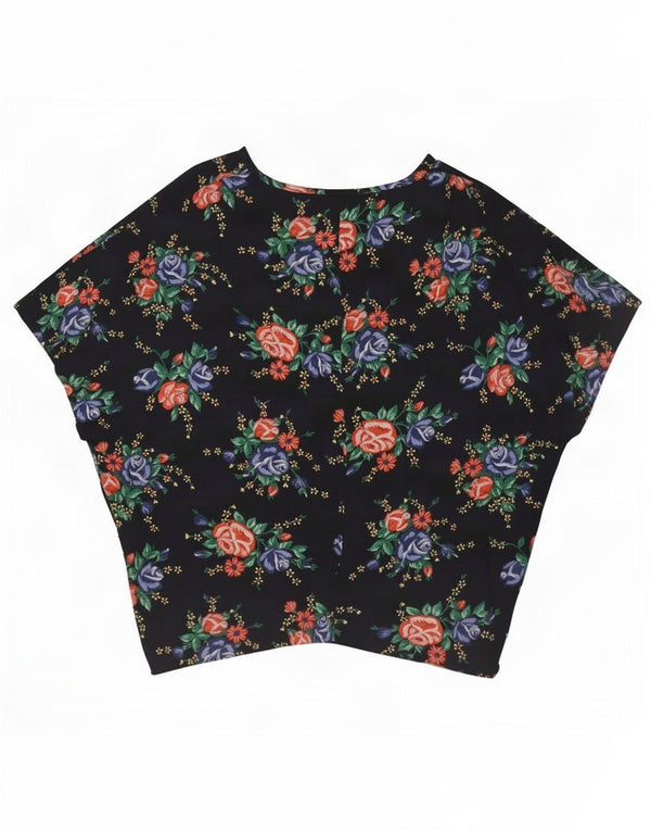 Vintage Damen Fledermausbluse Top UK 16 Groß Marineblau geblümt