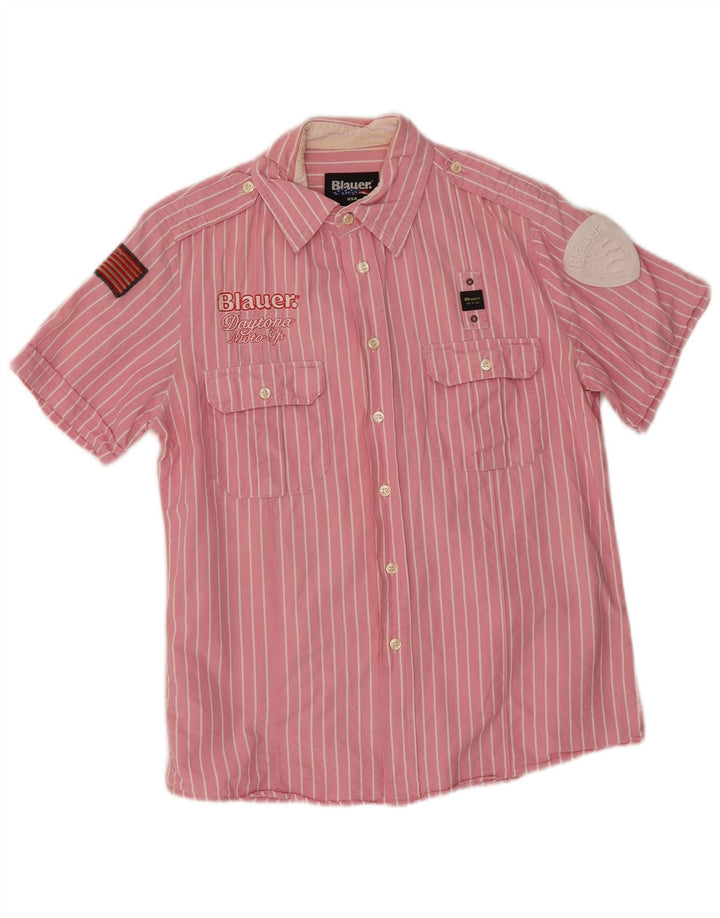 Blauer Herren-Kurzarmshirt mit Grafik, groß, rosa gestreift, Baumwolle