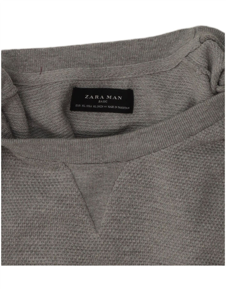 Zara Herren-Pullover mit Rundhalsausschnitt, XL, graue Baumwolle