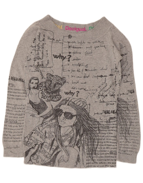 Desigual Damen-Pullover mit grafischem U-Boot-Ausschnitt, UK-Gr. 14, große graue Baumwolle