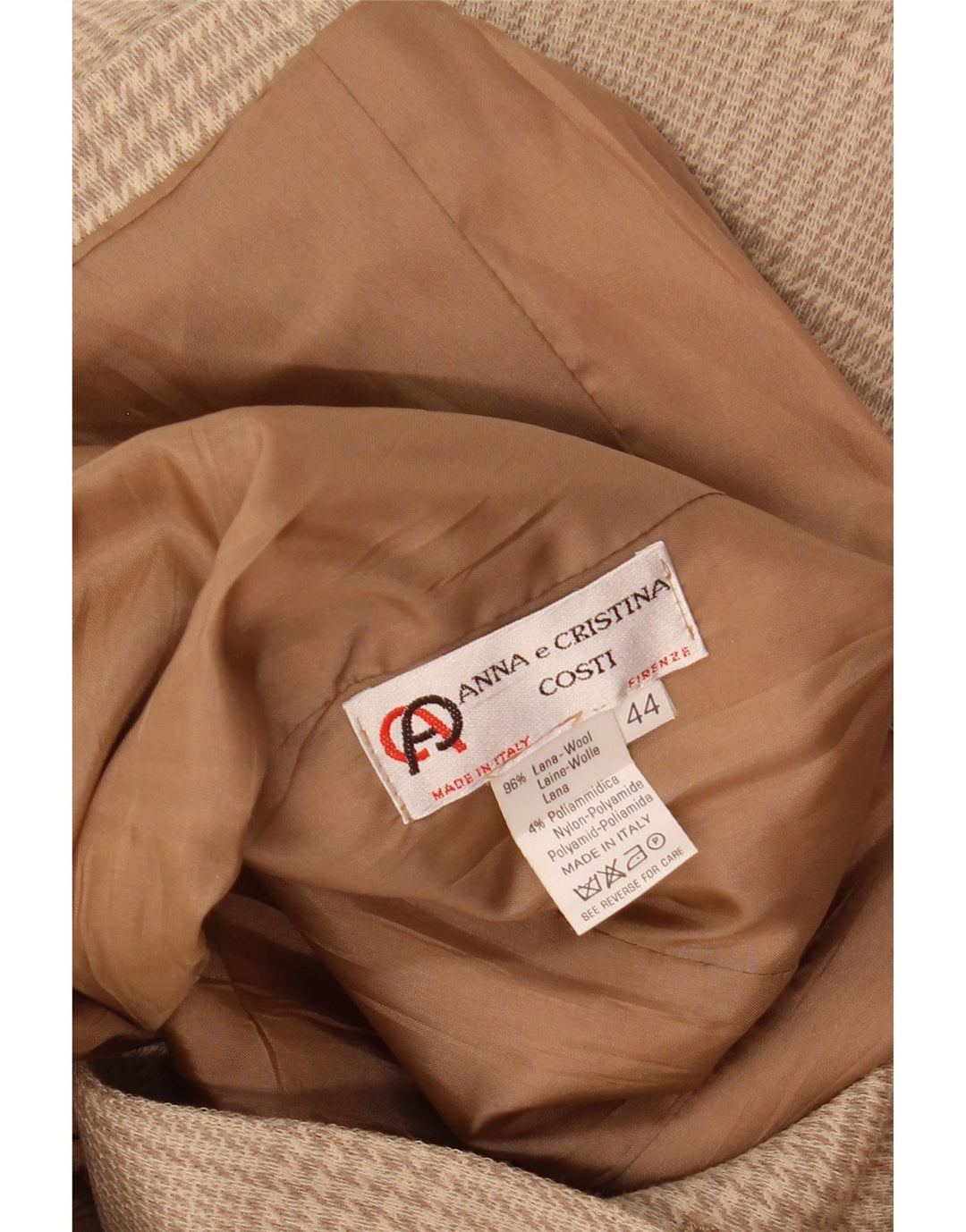 Vintage Damen 2-Knopf-Blazerjacke IT 44 Mittelbeige Hahnentrittwolle