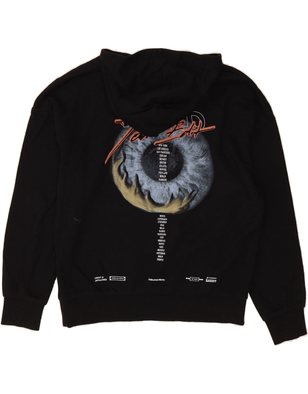 JACK & JONES Mens Graphic Hoodie Jumper Medium Black Vintage Jack & Jones and Second-Hand Jack & Jones from Messina Hembry 