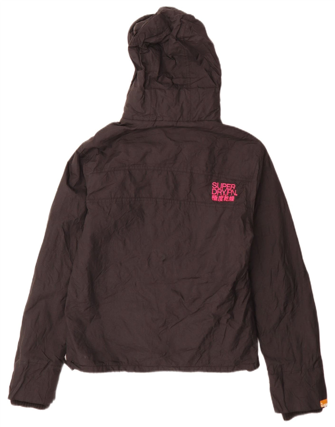 Superdry Damen-Windbreakerjacke mit Kapuze, UK 16, Größe L, schwarzes Nylon