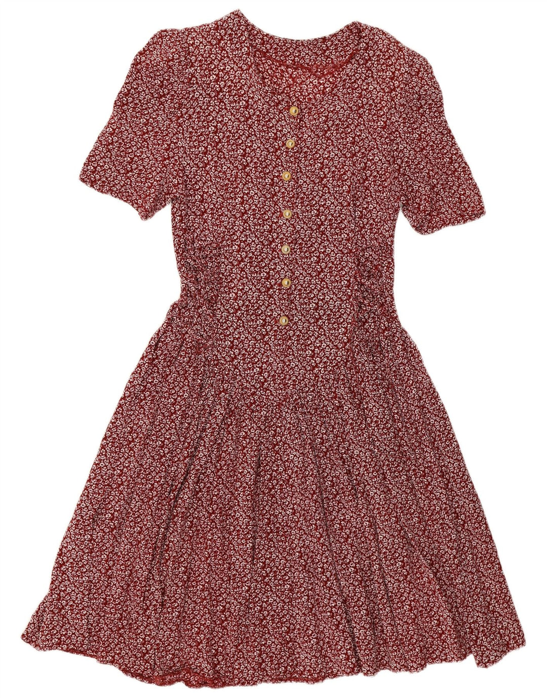 VINTAGE Damen Empire-Kleid UK 14 Großes Burgunderrot mit Blumenmuster