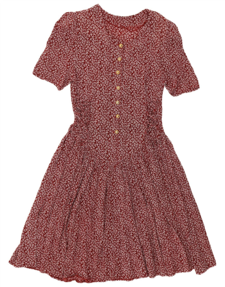 VINTAGE Damen Empire-Kleid UK 14 Großes Burgunderrot mit Blumenmuster