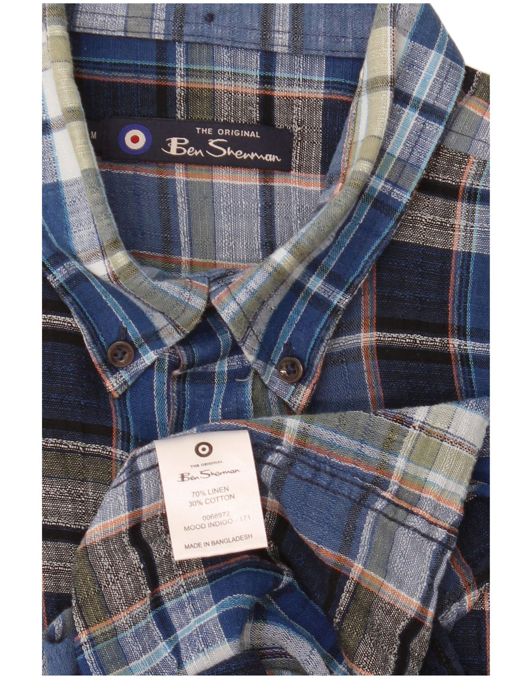Ben Sherman Herrenhemd Mittelblau kariertes Leinen