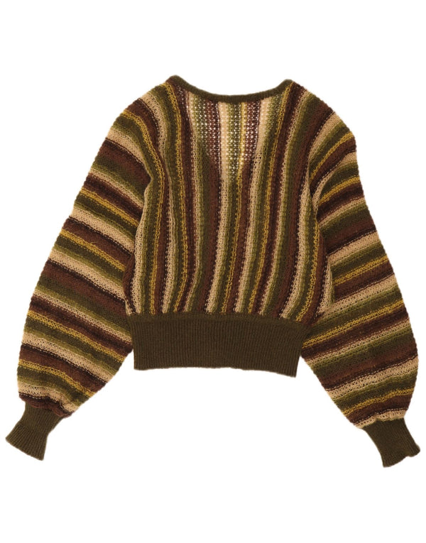 Vintage Damen Durchsichtiger Pullover mit V-Ausschnitt UK 14 Groß Khaki gestreift