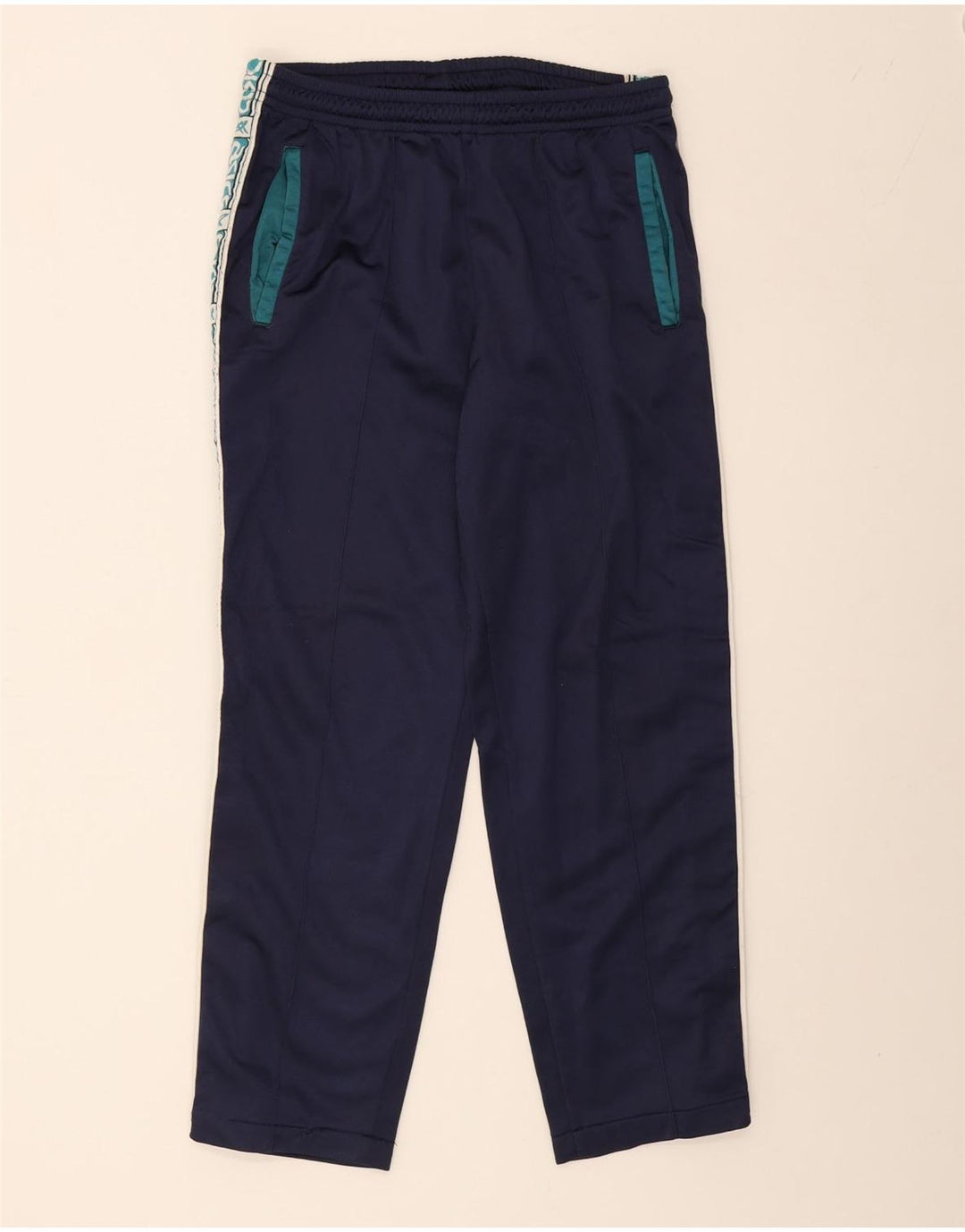 ASICS Womens Graphic Tracksuit Trousers IT 52 Large Navy Blue Polyester Vintage Asics and Second-Hand Asics from Messina Hembry 