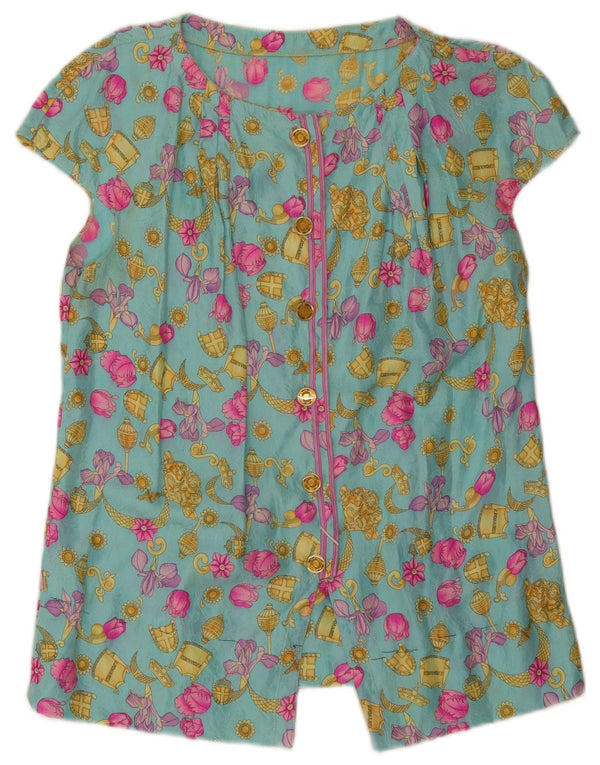 Vintage Damen Kurzarm-Hemdbluse UK 10 Small Türkis Floral