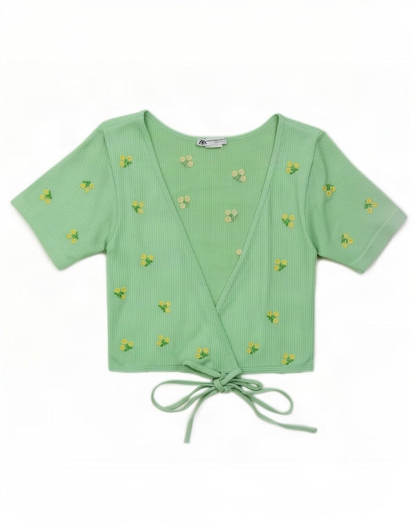 Zara Womens Crop Wrap Cardigan Top UK 6 XS Green Floral