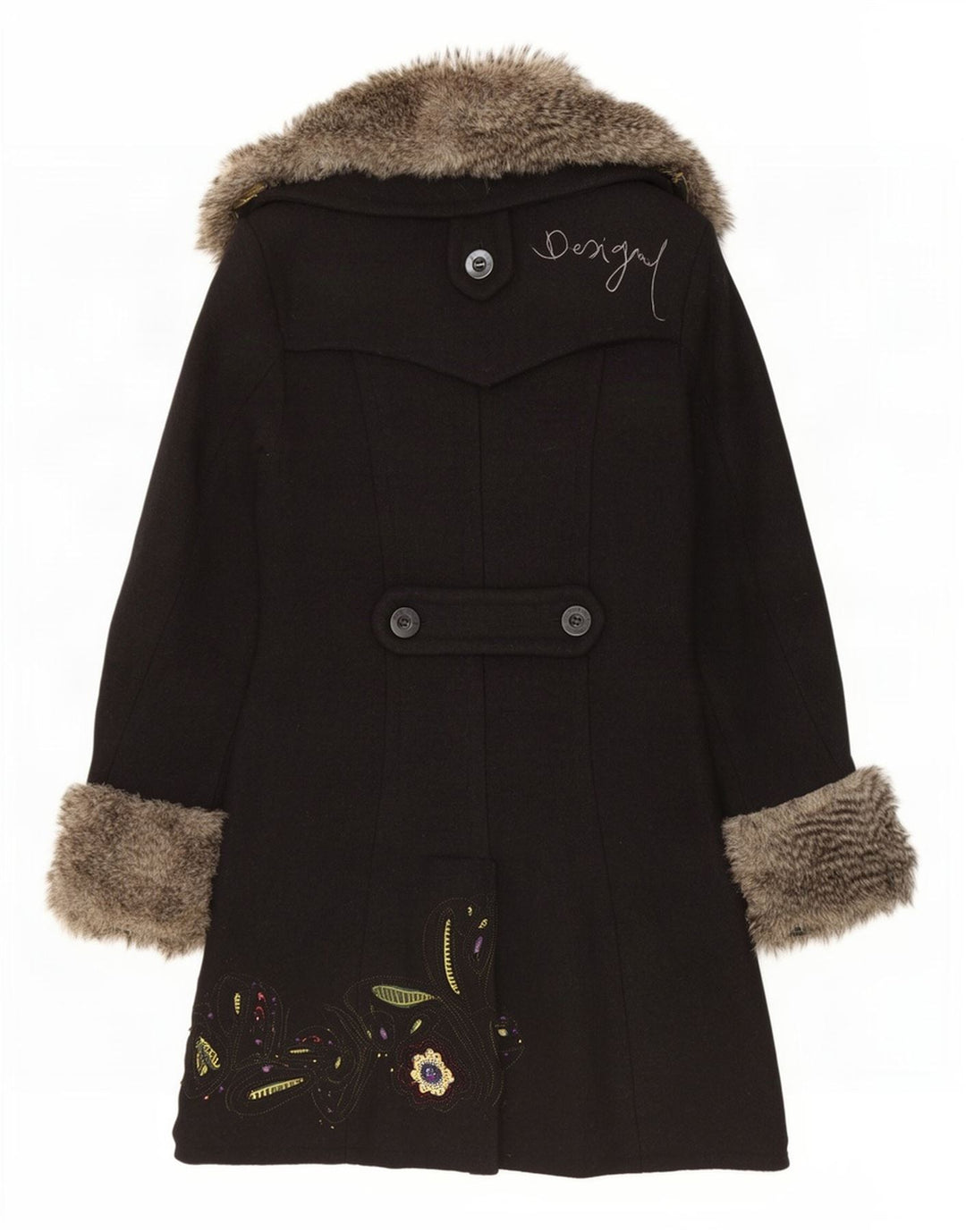 Desigual Damen grafischer zweireihiger Mantel EU 42 Großes schwarzes Blumenmuster