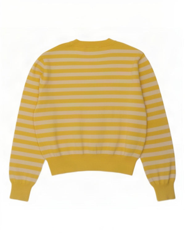 Zara Damen-Cardigan-Pullover UK 14 Mittelgelb gestreifte Viskose