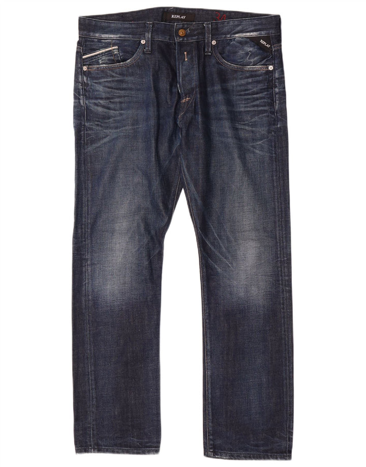 Replay Herren Distressed Straight Jeans W34 L31 Blaue Baumwolle