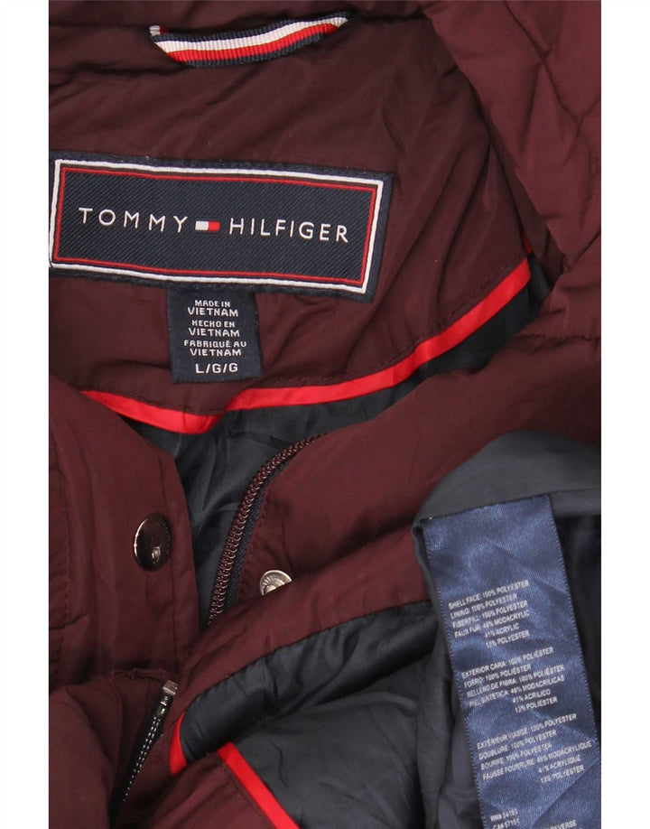 Tommy Hilfiger Wattierte Damenjacke mit Kapuze, UK 16, Größe L, Burgunderrot, Polyester