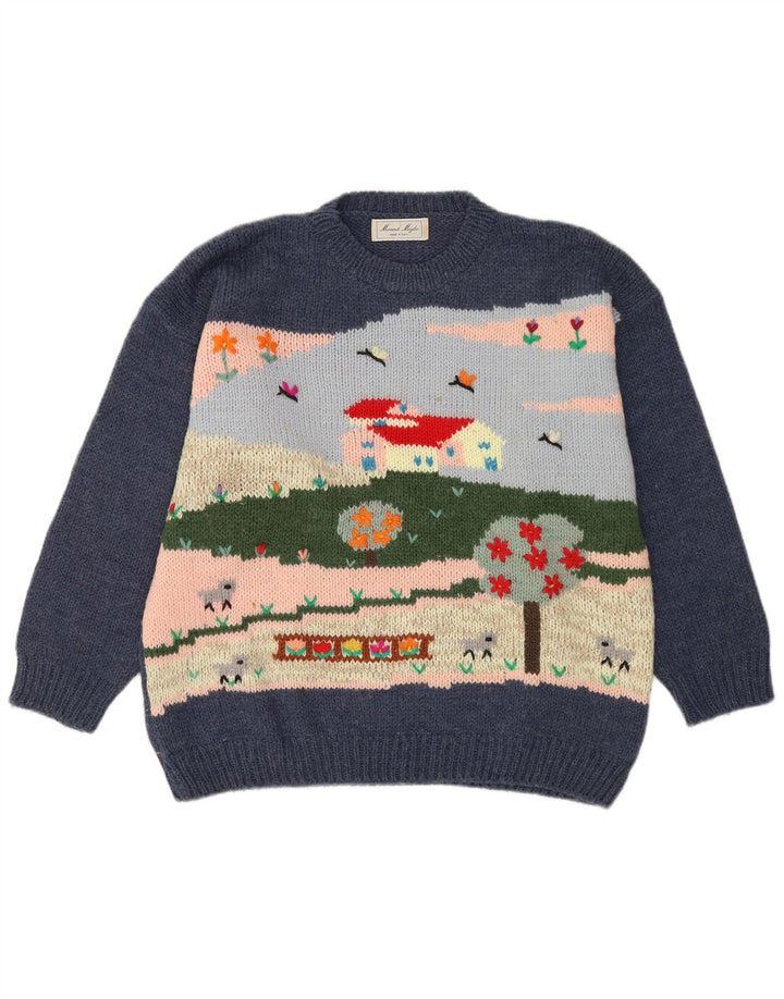 Vintage Herren Pullover mit grafischem Rundhalsausschnitt, groß, marineblaue Wolle