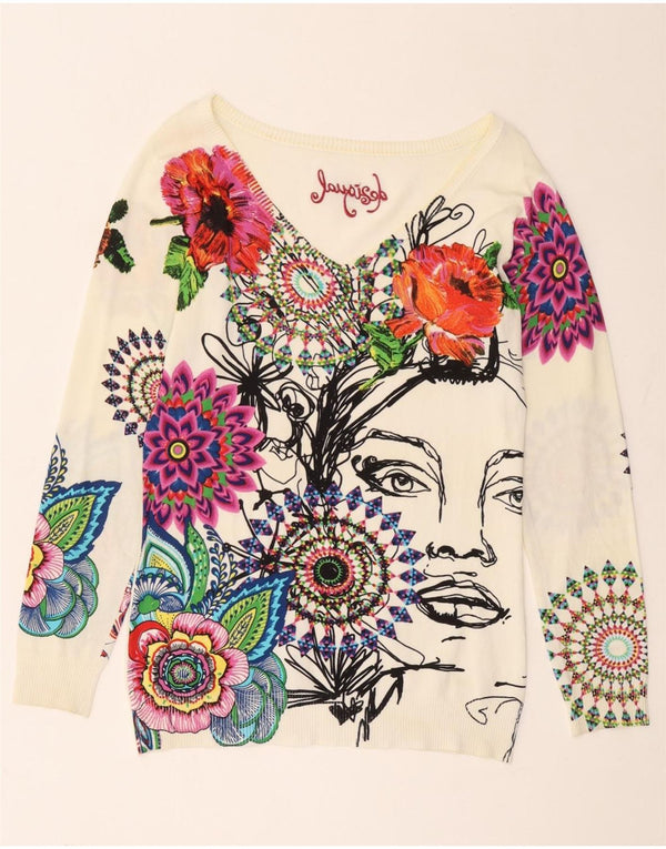 Desigual Damen-Pullover mit grafischem V-Ausschnitt, Gr. 14, groß, weiß, geblümt