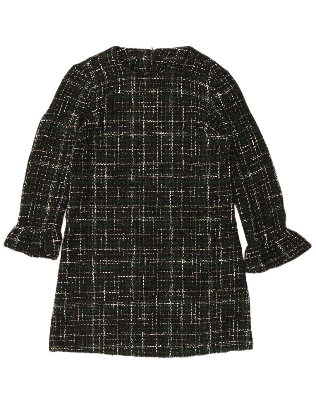 Zara Damen Langarm-Etuikleid UK 14 Mittelgrünes Karo-Acryl