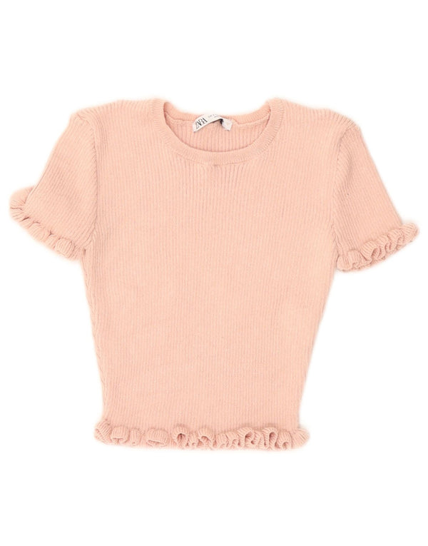 Zara Damen Crop Bluse Top UK 10 Small Pink Polyester