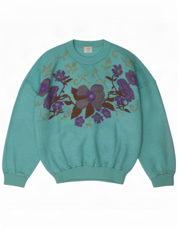 Vintage Damen Pullover mit Rundhalsausschnitt UK 18 XL Türkis Blumen
