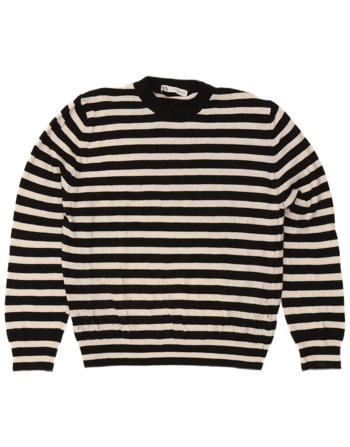 Zara Damen-Pullover mit Rundhalsausschnitt, Gr. 14, Mittelschwarz, gestreift, Polyamid