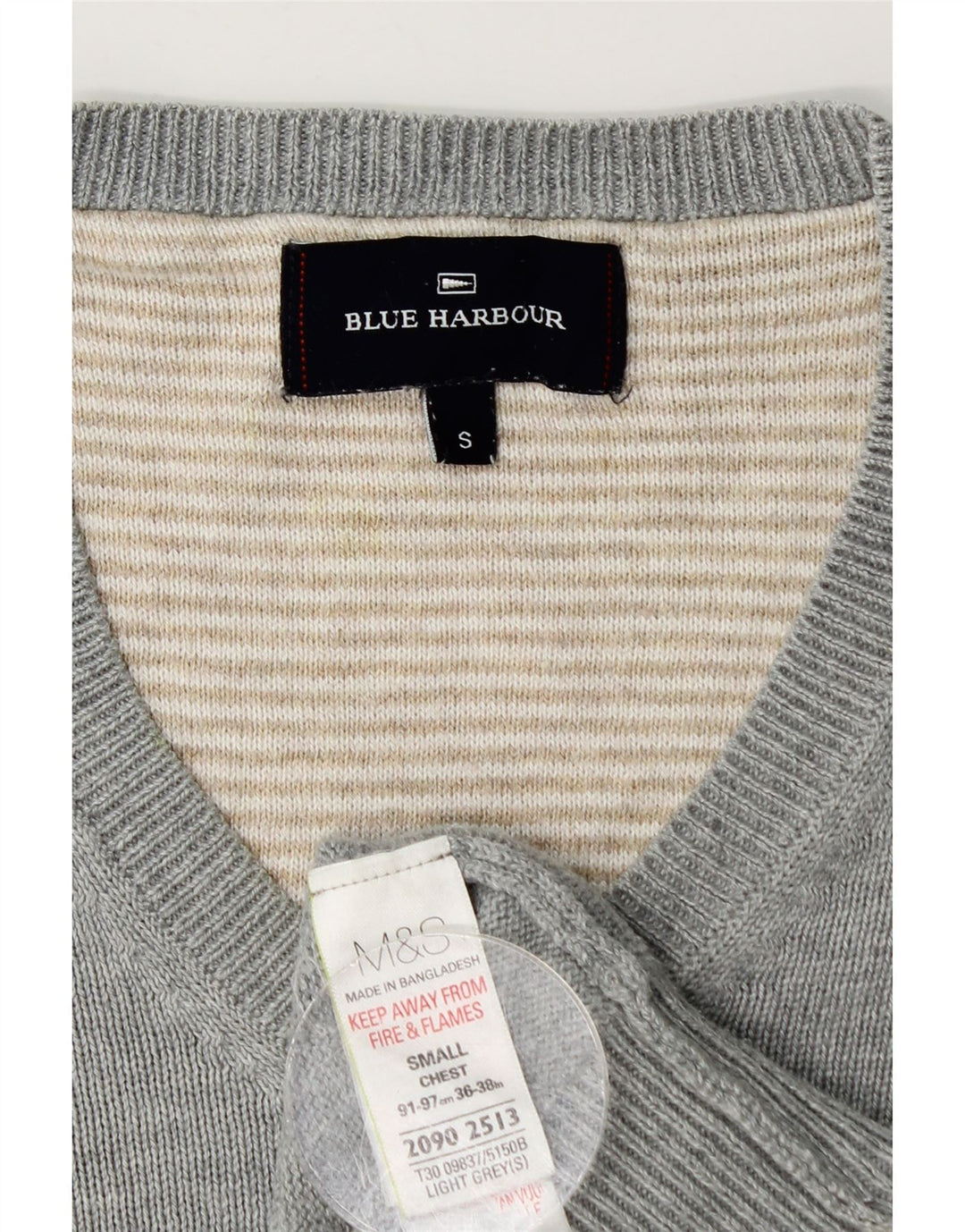 Marks & Spencer Herren Blue Harbor V-Ausschnitt Pullover Pullover Small Grau Baumwolle