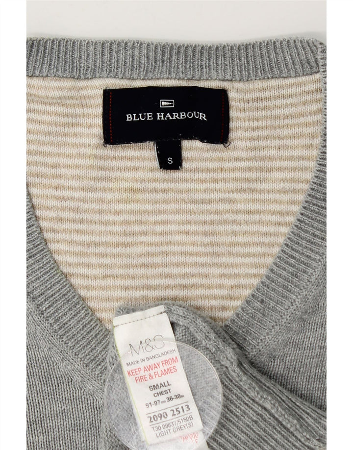 Marks & Spencer Herren Blue Harbor V-Ausschnitt Pullover Pullover Small Grau Baumwolle