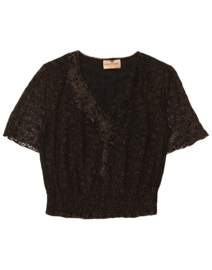 Vintage Damen Bluse Top UK 16 Großes schwarzes Blumenmuster
